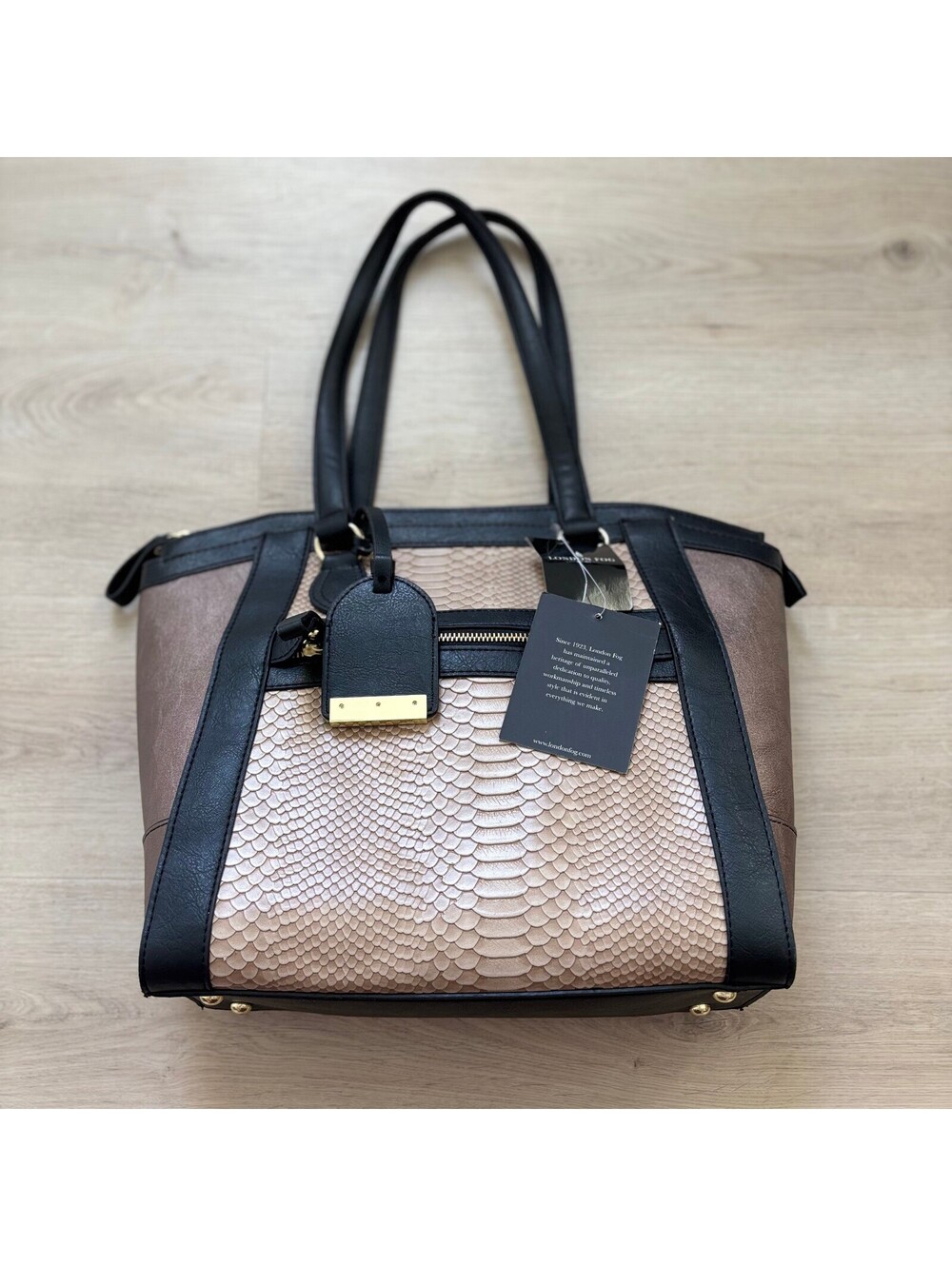 London Fog NWT Women's Leather Handbag Taupe Snakeskin Embossed Panel Black Trim